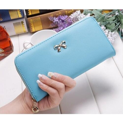Cards Holder Wallet Ladies Cute Bowknot Women Long Wallet Pure Color Clutch Bag NEW PU Leather Purse Phone Card Holder Bag