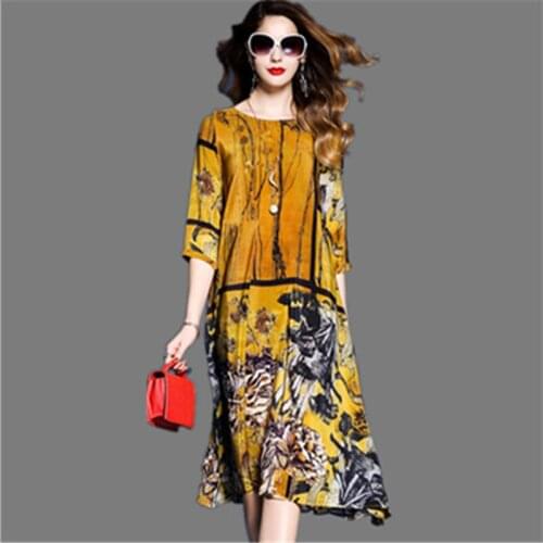 2019 Spring Summer Three Quarter Sleeve Vestidos Vintage Print Faux Silk Dresses Women Elegant Floral Dress RE2113