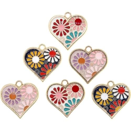 10pcs 22*21mm Chrysanthemum Enamel Flowers Charms Heart Pendant For Necklace Bracelet DIY Fashion Jewelry Accessories Findings