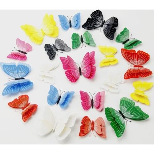 12Pcs Seven Solid colors Double layer 3D Butterfly Wall Sticker for wedding Home decoration Magnet Butterflies Fridge stickers