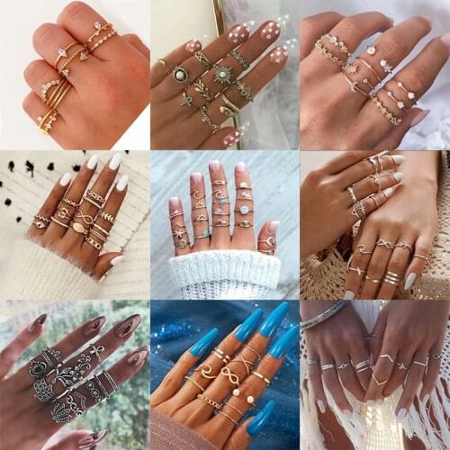 2021 Vintage Fashion Rings Set For Women Girls Gold Metal Punk Geometric Hollow Leaves Women Finger Ring Party Jewelry anillos