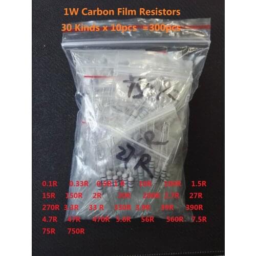 30values X 10pcs=300pcs Carbon Film Resistance 1W 0.1~750 ohm 5% Resistor Kit Set 1.5 200 2.7 3.3 390 470 560 0.33 0.5 Ohm Metal