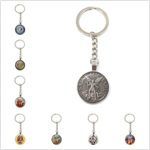 Vintage Archangel St.Michael Charm Keychain Protect Me Saint Shield Protection Justice Sign Glass Key Chain Christian Holy Gift