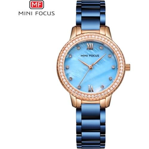 MINI FOCUS Stainless Steel Quartz Watches for Women Luxury Dress Wrist Watch for Lady Woman Relogios Femininos Clock 0226L Blue
