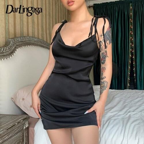 Darlingaga Chic Korean Fashion Strappy Solid Satin Dress Women Backless Sleeveless Casual Dress Mini Sundress Summer Dresses New