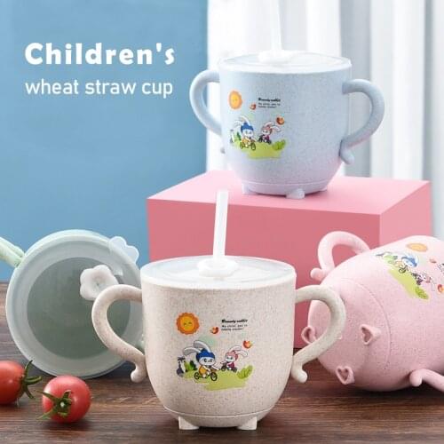 Imebaby children with lid handle straw drinking cup children learn to drink milk can be heated straw cute cartoon cup
