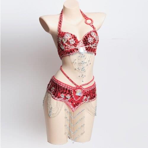 2018 Oriental Dance Sequined Beaded Bra and Belt Suit 2pcs Belly Dance Costumes Set 38D/85D
