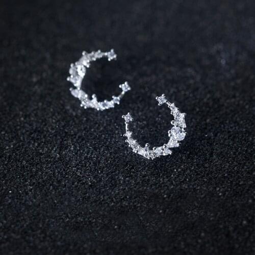 MloveAcc Luxury Real 925 Sterling Silver Irregular Moon Shape Stud Earrings w/ Clear CZ for Women Girls Gifts