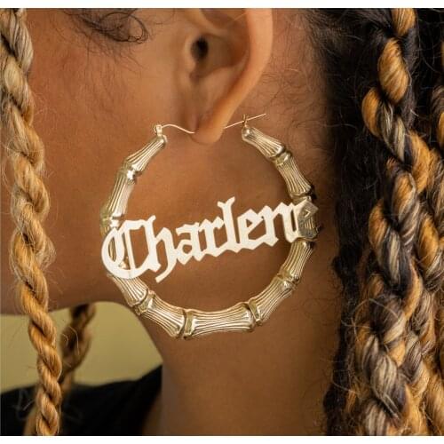 Custom Bamboo Hoop Earring Personalized Nameplate Stainless Steel Bamboo Old English Name Earring For Women Fashion Jewelry Gift