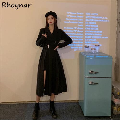 Dress Women Solid Side-slit Temperament Leisure All-match Notched Stylish Summer Long Sleeve Vestido Korean Style Simple Lady