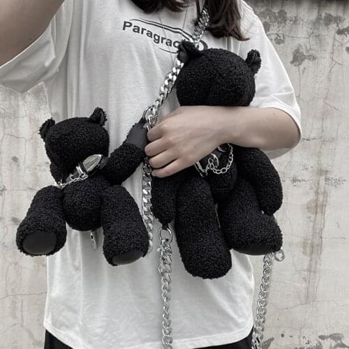 Furry Cute Dark Punk Style Bear Bag Plush Toy Belt Chain Messenger Bag