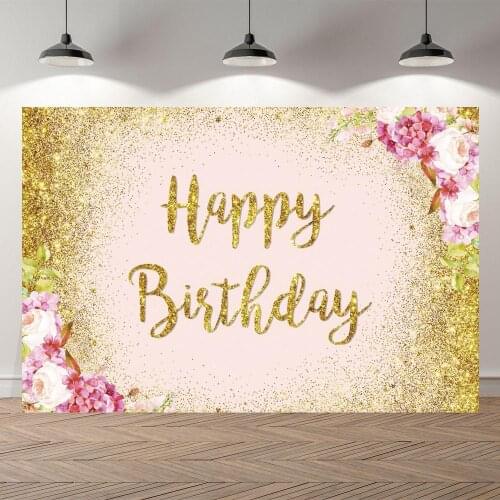Rose Gold Glitter Happy Birthday Backdrop Custom Floral Flowers Dots Adult Girl Birthday Party Background Decoration Photography