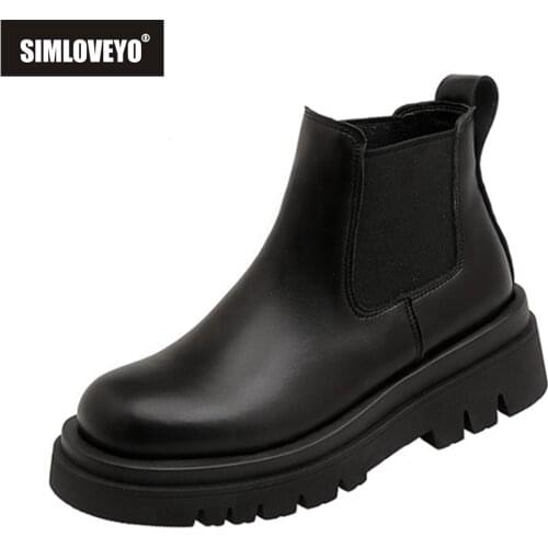 SIMLOVEYO Women ankle boots natural leather cowhide stitching twill Chelsea boots cyberstar Fashion skinny boots Elastic band