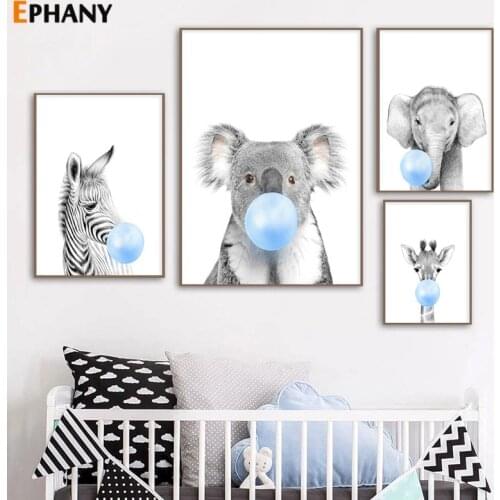 Blue Bubble Elephant Giraffe Canvas Painting Animal Nursery Wall Art Child Picture Nordic Kids Baby Room Print Poster Decoration