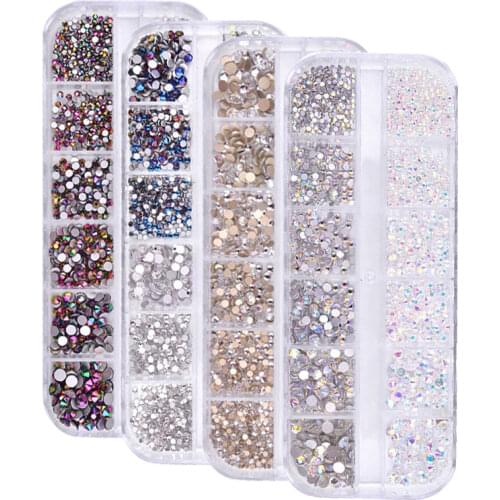 12 Grids/Box Multi Size AB Crystal Rhinestone Diamond Nail Art Decoration Gold Silver Clear 3D Beauty