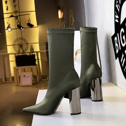 Bigtree Streets Fashion Pointed Toe Ladies Sexy Shoes Pumps Super Cozy Soft Stretch Fabric Sock Boots Women Party Square Heels
