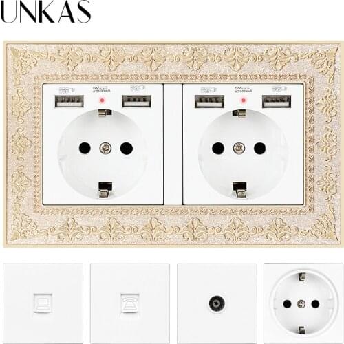 UNKAS EU / French Socket With Dual USB Port + TV RJ11 Telephone RJ45 Internet Computer Jack 146mm * 86mm 4D Zinc Alloy Panel
