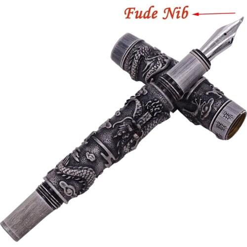 Jinhao Vintage Ancient Gray Fountain Pen Double Dragon Calligraphy Fude Nib Metal Carving Embossing Heavy Pen Collection