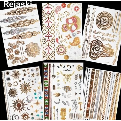 Totem Golden Skull Temporary Tattoo Henna Flower Arrow Girls Hands Waterproof Metallic Tattoo Sticker Women Flash Tatoo Bracelet