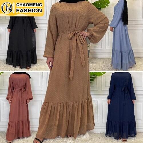 Hot Sale Middle East Fashion Muslim For Women Hijab Dress With Lining Tulle Polka Dot Maxi Robe Turkey Islamic Clothing Vestidos