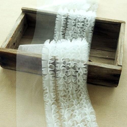 2M/lot 10cm wide Black white four rows of pleated mesh laces Handmade ladies' clothing skirts home fabric materials W587