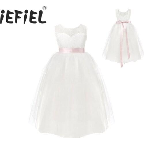 White Flower Girls Dresses For Wedding Gowns Cap Sleeve Lace Sash Bow Girl Birthday Party Dress Zipper Tulle Pageant Dress