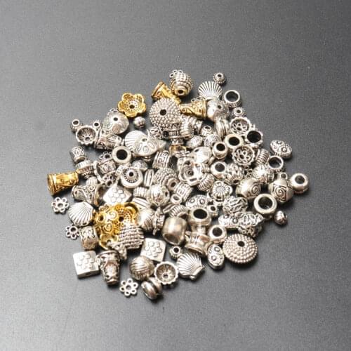 50pcs Mix Tibetan Silver Tube Cube Flat Flower Small Big Metal Spacer Beads For Jewelry Making Diy Bracelet Accessorie