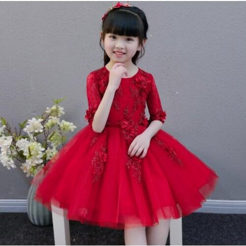 2018 Elegant Girl Red Tulle Dress Appliques First Communion Dress Half Sleeve Girl Formal Wedding Party Dress Flower Girl Gown