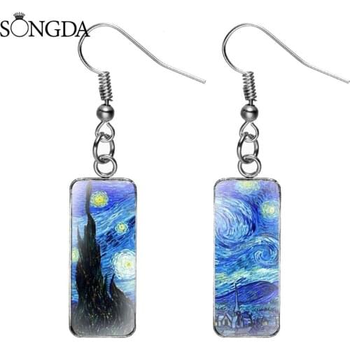 Classic Van Gogh The Starry Night Teardrop Rectangular Earrings Gustav Klimt Mother Love Baby Painting Glass Cabochon Earrings