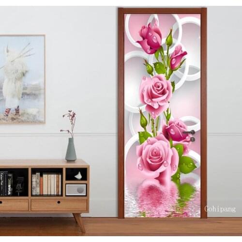 Beautiful Pink Flowers Circle Door Stickers 3D Wallpaper Living Room Bedroom Abstract Art Door Mural Self-Adhesive Home Decor