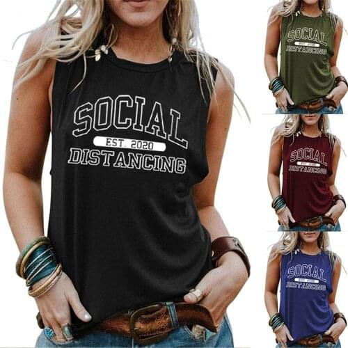 SOCIAL EST 2020 DISTANCING Print Women Tank Tops O-neck Sleeveless Oversized Gothic Tank Tshirts Female Harajuku Summer Clothes