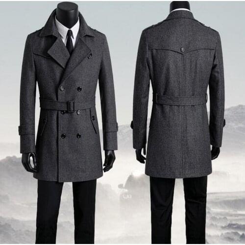 Mens clothing woolen coats mens medium long winter coats men overcoat double breasted business casaco masculino grey plus size