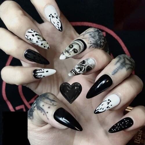 24 Pcs False Nails Skull Fake Nails Butterflies Nail Tips Gradient Star Artifical Nails Cloud Coffin Nails Hit Color French Tips