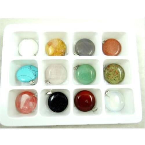 Natural stone Turquoises lapis aventurine tiger eye Quartz Crystal round pendants for diy jewelry making necklace Accessorie12pc