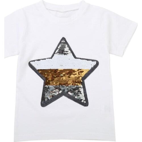 New Summer Sequins Star Five Print Childrens T-Shirt Boys Girls Short Sleeve Fashion Sequins T-Shirt Baby Cotton Top 1-6Years
