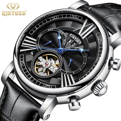 2018 new genuine KINYUED Tourbillon full automatic fashion leather watch mens hollowed out mechanical watch