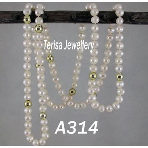 New Free Shipping A314#,New AA Natural White Fresh Water Pearls Necklace With 10mm Gold 7-8MM 120cm(50inch)Long Necklace