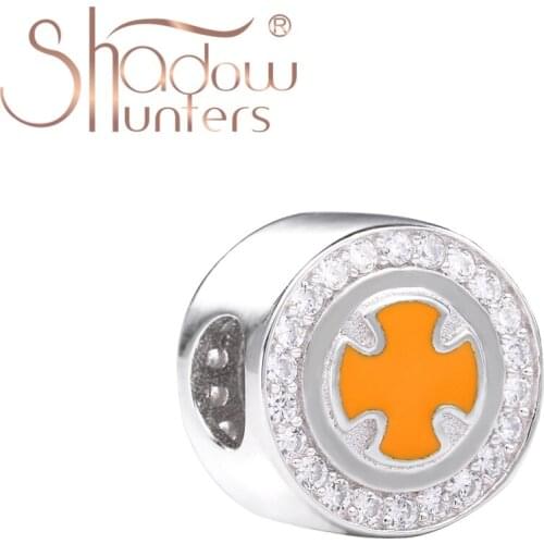 SHADOWHUNTERS Original 925 Sterling Silver Beads Yellow Enamel Cross Pattern Charm With Zircon Jewelry For Women DIY Bracelets