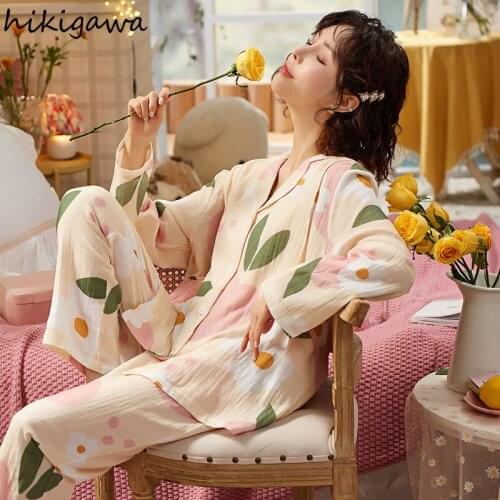Hikigawa Pajama Set Women Home Service Set Sleepwear Lactation Pijamas Mujer Long Sleeve Trouser Suit Female Pujamma Pour Femme