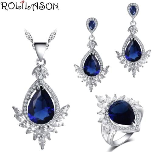 ROLILASON Trendy Deep Blue Cubic Zirconia Wedding Gift for Women silver plated stamped Earring Necklace Ring Jewelry Set JS769
