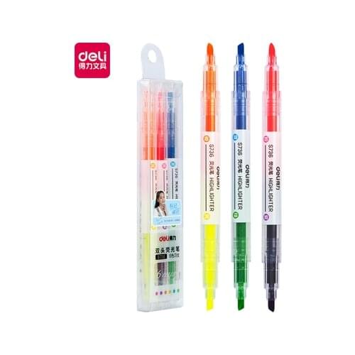 Deli S736 Double Head Three Pack Two Color Fluorescent Pen Round Head Marker Color Marking Pen Pastel Drawing Pen 3 Pcs / Set