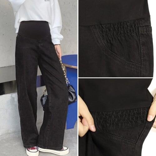 968# Chic Autumn Spring Denim Maternity Full Long Jeans Belly Wide Leg Loose Pants Clothes for Pregnant Women Pregnancy Trousers