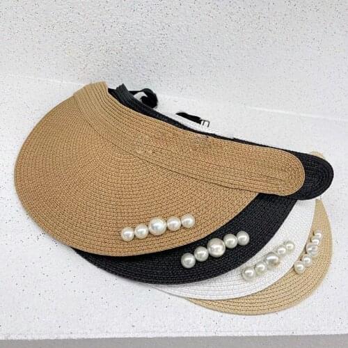 Custom Straw Hats For Women Summer Luxury Pearl Empty Top Hat Designer Style Beach Sun Visor Hat Outdoor Trip Beach Kawaii Cap