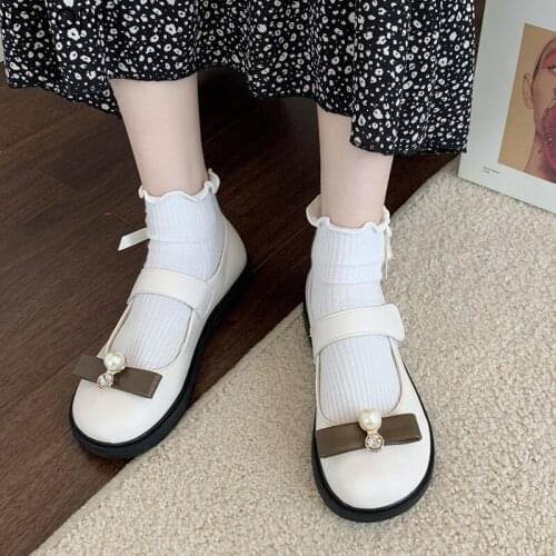 IF IFOND Sweet Pearl Bow Mary Jane Shoes Woman Solid Color Patent Leather Low Heel Pumps Women White Lolita Shoes Ladies