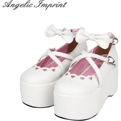 Sweet Lolita Cosplay Cut Out Sweetheart Cross Strap Princess Girl Platform Shoes Strappy Bowknot Ankle Strap Shoes