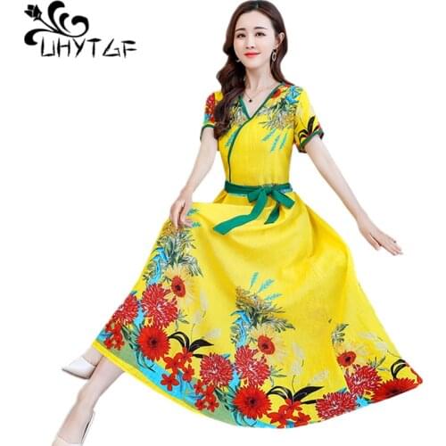 UHYTGF Fashion Cotton Silk Summer Dress Women Short Sleeve Floral Elegant Female Dresses Soft Comfortable Plus Size Dress 1662