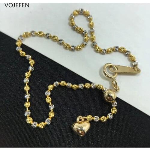 VOJEFEN AU750 18K Real Gold Bracelet With Yellow Gold Ball and White Gold Bead Ball Chain Bracelet for Women Teen Girls