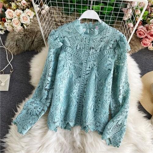 Vintage Palace Style Hollow Out Lace Blouse Women Shirts 2021 Chic Elegant Tops Office Lady Streetwear Long Sleeve Blusas