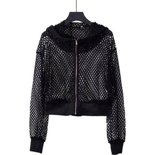 Neatie kiddie Black Hollow out perspective Streetwear Jacket Coat Womens Clothes Hooded Zipper Loose Outwear