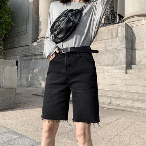 Woman Jeans Pants Black Denim Shorts Womens Summer 2021 Loose Straight-Leg Frayed Hem Cropped Pants Pantalones Vaqueros Mujer
